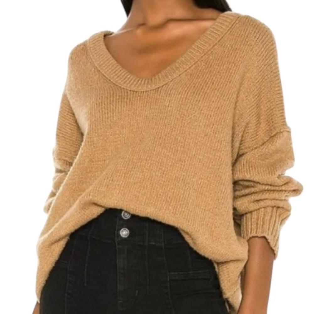 Free People Oversized Sweater Boho Cozy Brookside Slouchy Camel Tan Knit Size M - Picture 4 of 9